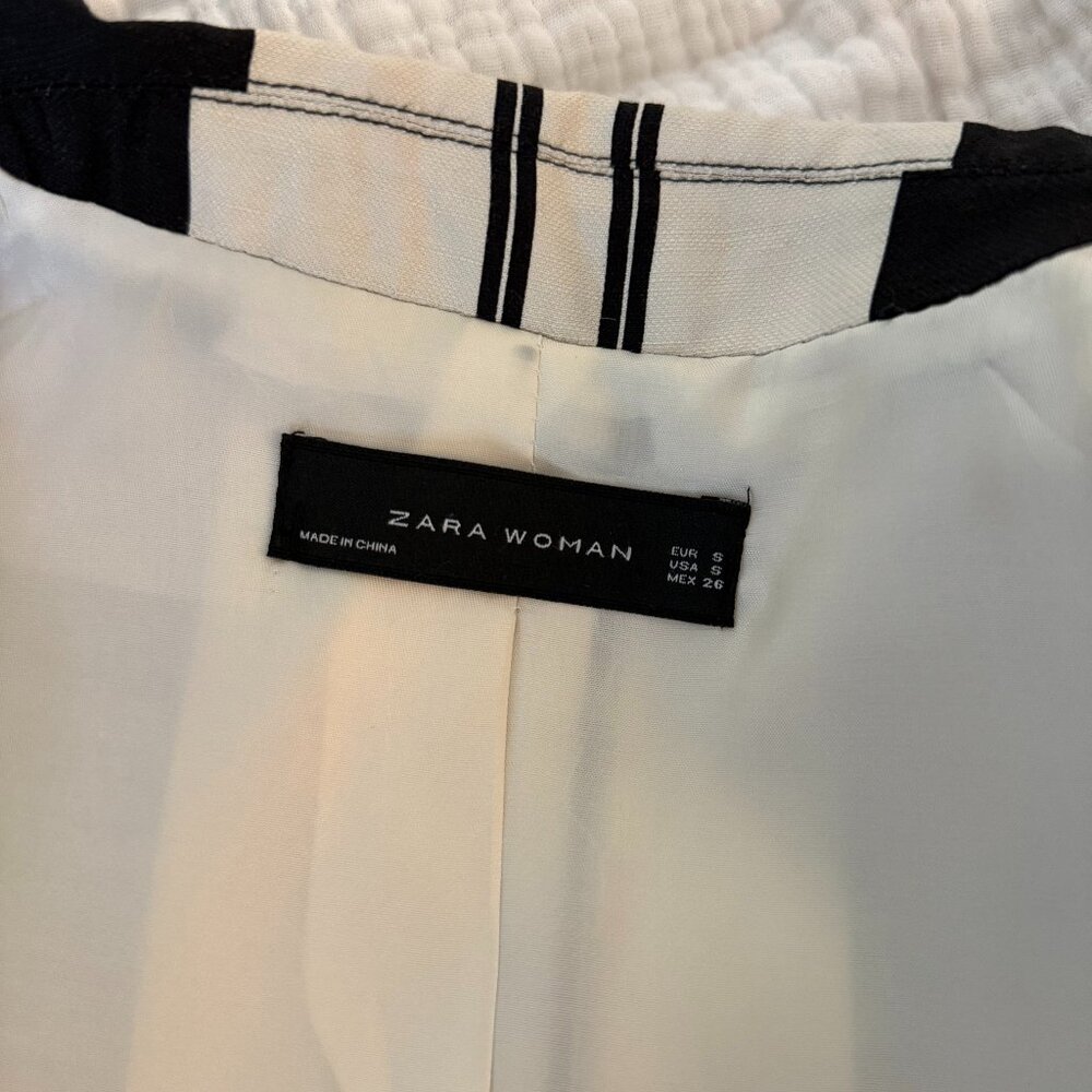 Zara Woman Black/Off White Striped Longline Blazer Coat Jacket Linen Blend - Picture 8 of 9